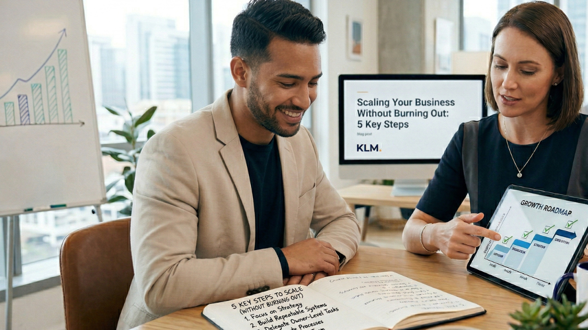 pictured is a business owner speaking with a business consultant to help them scale without burnout